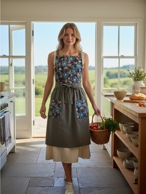 Grey Corduroy Apron with Blue Floral Panels and Pockets